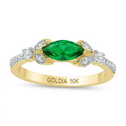 Solitär mit seitlichem Besatz mit Marquise-Labor-Smaragd und 0,1 ct. Gesamtgewicht Diamanten in 10K Gelbgold für Damen