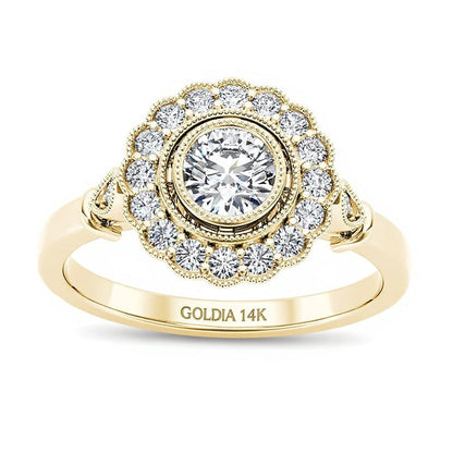 0.63 ct. Gesamtgewicht Diamant Halo Verlobungsring im Vintage-Stil in 14K Gelbgold
