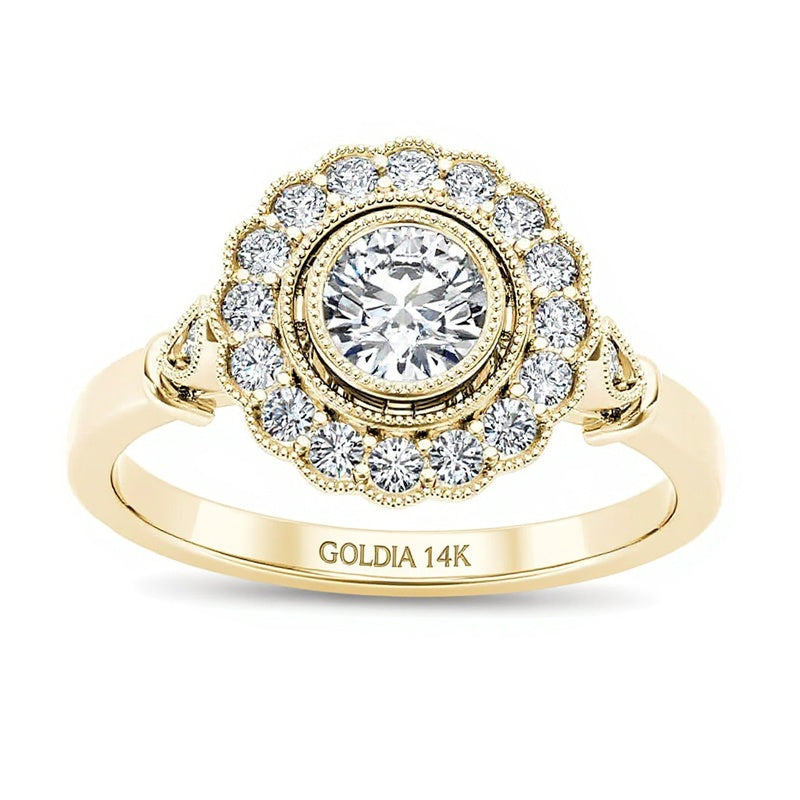 0.63 ct. Gesamtgewicht Diamant Halo Verlobungsring im Vintage-Stil in 14K Gelbgold