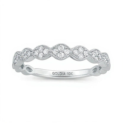 0.17 ct. Gesamtgewicht Memoire-Ring stapelbar mit Diamanten und Muschelrand in 10K Weißgold