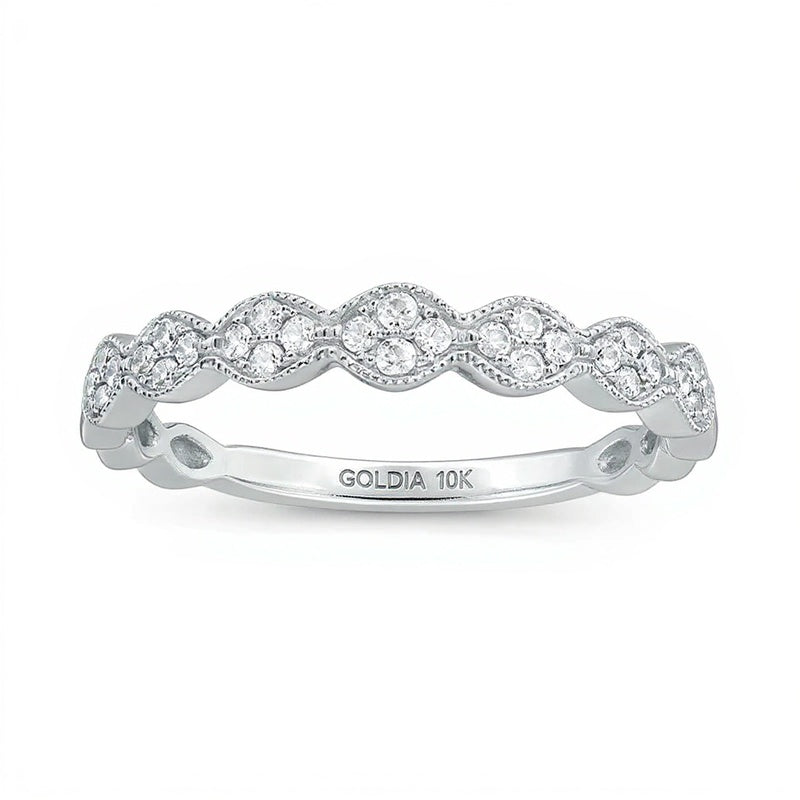 0.17 ct. Gesamtgewicht Memoire-Ring stapelbar mit Diamanten und Muschelrand in 10K Weißgold