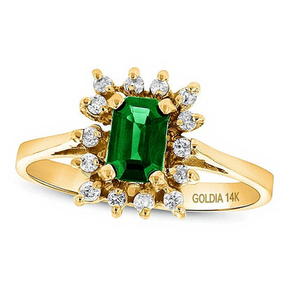 Halo-Ring mit Smaragd im Smaragdschliff und 0,13 ct. Gesamtgewicht Diamanten in 14K Gelbgold
