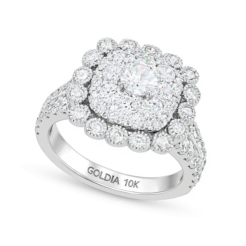 Verlobungsring mit mehreren Diamanten 2.0 ct. Gesamtgewicht im Vintage-Stil mit Bubble-Rahmen, rund und Kissenschliff, in 10K Weißgold