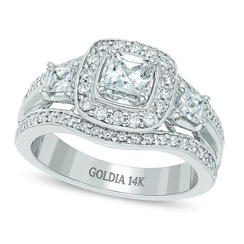 1.0 CT. TW Dreistein-Verlobungsring mit Diamanten im Princess- und Rundschliff in 14K Weißgold