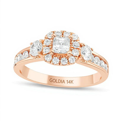 Dreistein-Verlobungsring mit Diamanten im Princess- und Rundschliff 1.25 ct. Gesamtgewicht in 14K Roségold