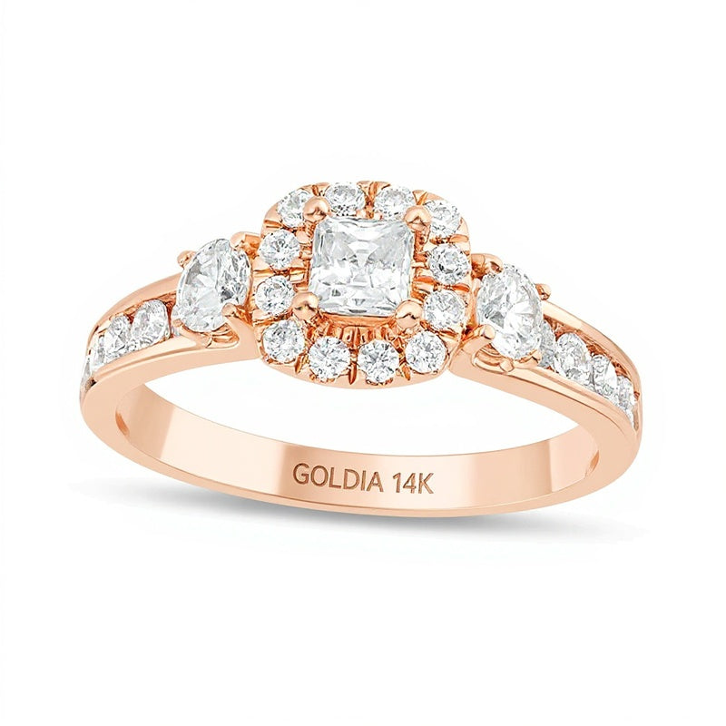 Dreistein-Verlobungsring mit Diamanten im Princess- und Rundschliff 1.25 ct. Gesamtgewicht in 14K Roségold