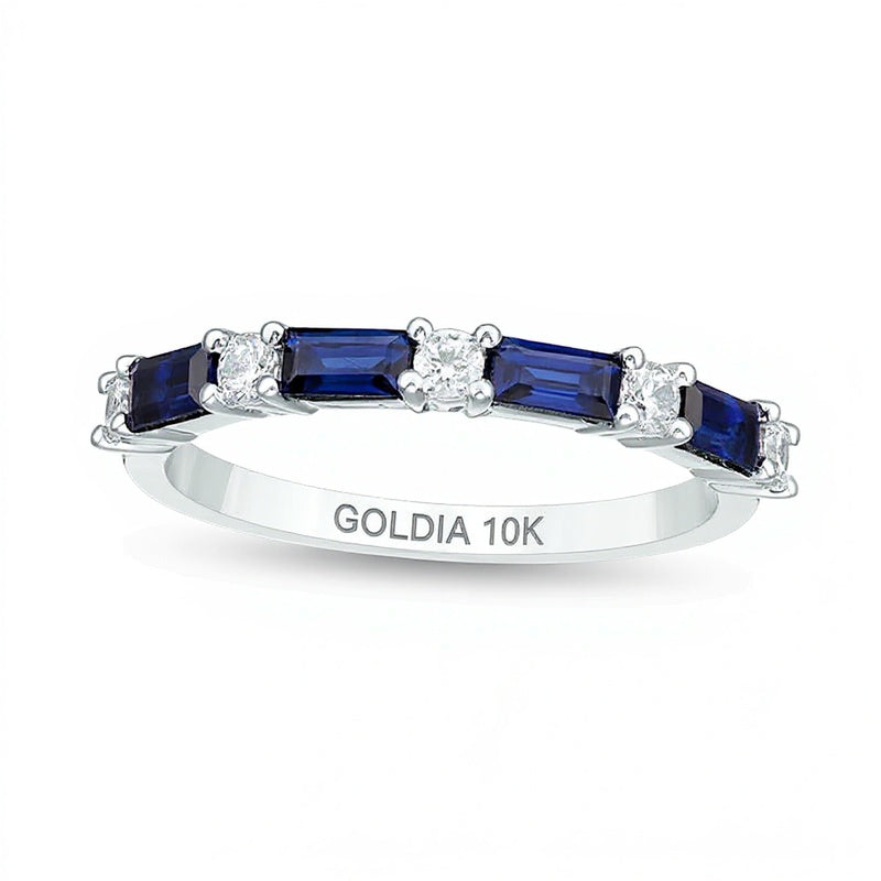 Fashion-Ring mit Baguette-Labor-Saphiren in Blau und 0,2 ct. Gesamtgewicht Diamanten in 10K Weißgold