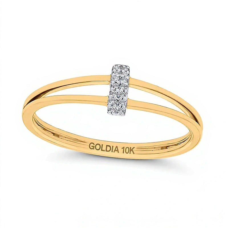 Fashion-Ring mit Diamant-Besatz und linearem Steg sowie geteilter Schiene in 10K Gelbgold