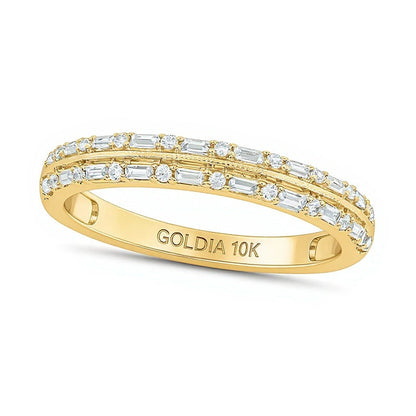 0.2 ct. Gesamtgewicht Diamant-Ring im Vintage-Stil mit Baguette- und rundem Schliff, zweireihig, in 10K Gelbgold