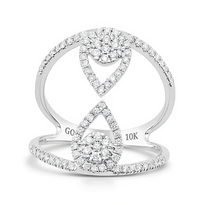 0.5 ct. Gesamtgewicht Fashion-Ring mit mehreren Diamanten und gespiegeltem Tropfen-Design, offene Ringschiene, aus 10K Weißgold