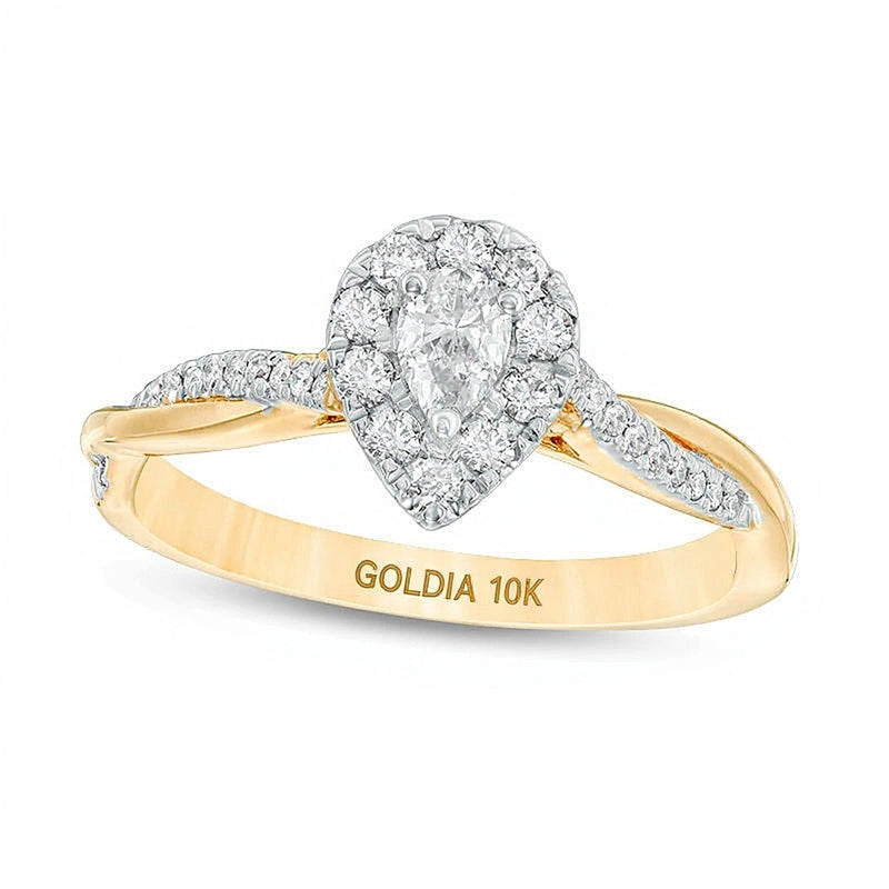 0.38 ct. Gesamtgewicht Verlobungsring mit Diamanten im Tropfen- und Rundschliff, Halo, 10K Gelbgold