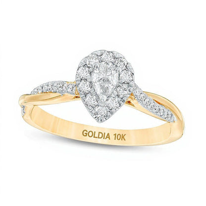 0.38 ct. Gesamtgewicht Verlobungsring mit Diamanten im Tropfen- und Rundschliff, Halo, 10K Gelbgold