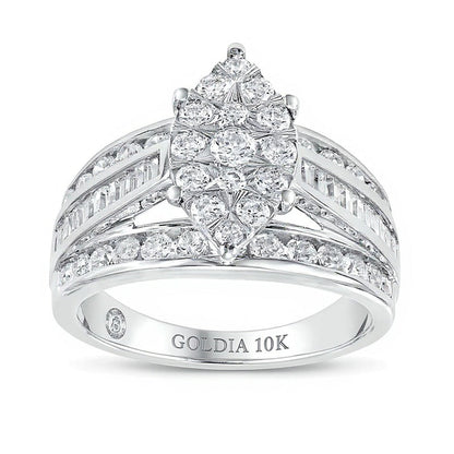 Verlobungsring mit Diamanten 1.5 ct. Gesamtgewicht in Marquise- und Rundschliff dreireihig in 10K Weißgold