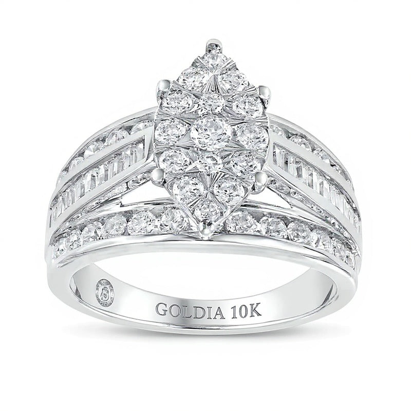 Verlobungsring mit Diamanten 1.5 ct. Gesamtgewicht in Marquise- und Rundschliff dreireihig in 10K Weißgold