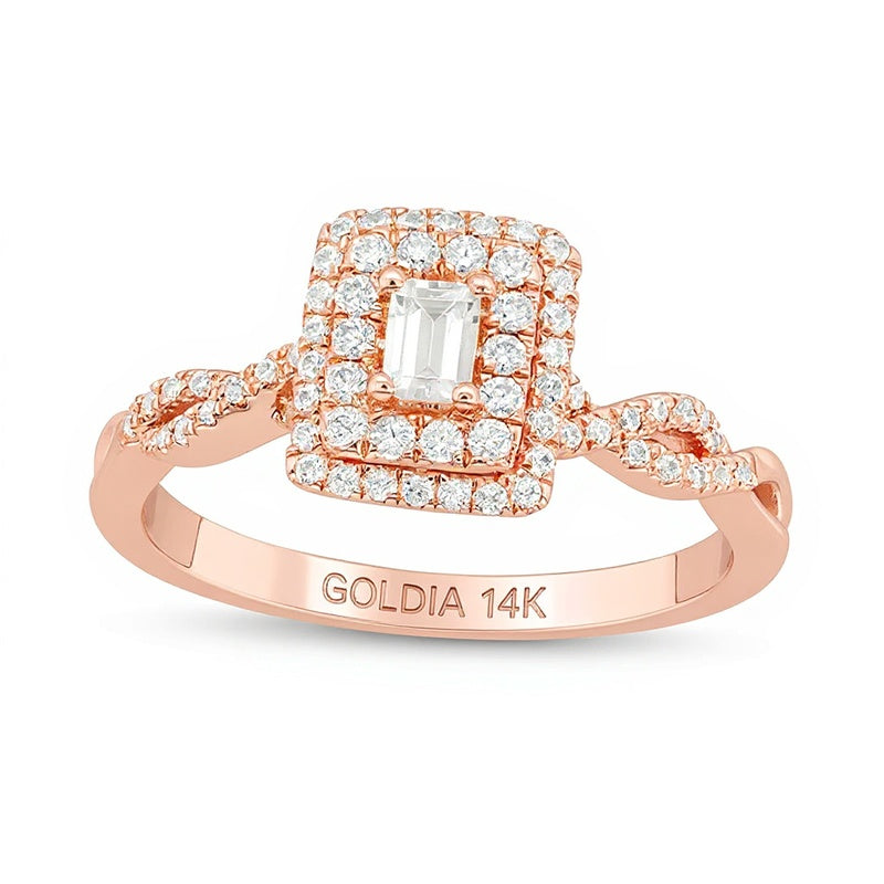 0,5 ct. Gesamtgewicht Verlobungsring mit Diamant im Smaragdschliff, Halo, in 14K Roségold