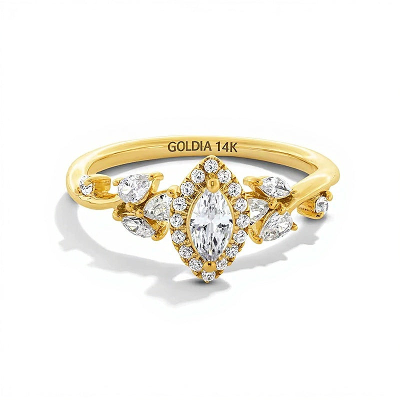 Halo-Verlobungsring mit Diamanten im Marquise-Schliff 0,75 ct. Gesamtgewicht in 14K Gelbgold