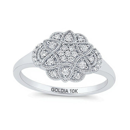 0.2 CT. Gesamtgewicht Multi-Diamant Ring im Vintage-Stil mit Blütenrahmen in 10K Weißgold
