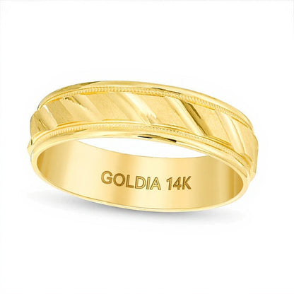 6,0mm Ehering mit gebürstetem Milgrain-Finish und Komfortschliff in 14K Gelbgold
