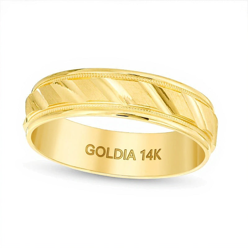 6,0mm Ehering mit gebürstetem Milgrain-Finish und Komfortschliff in 14K Gelbgold