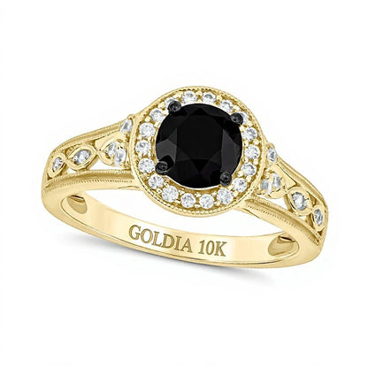 6,0 mm schwarzer Saphir und 0,2 ct. Gesamtgewicht Diamant Halo-Verlobungsring im Vintage-Stil mit gedrehter Ringschiene in 10K Gelbgold