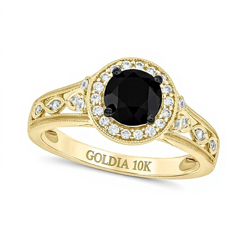 6,0 mm schwarzer Saphir und 0,2 ct. Gesamtgewicht Diamant Halo-Verlobungsring im Vintage-Stil mit gedrehter Ringschiene in 10K Gelbgold