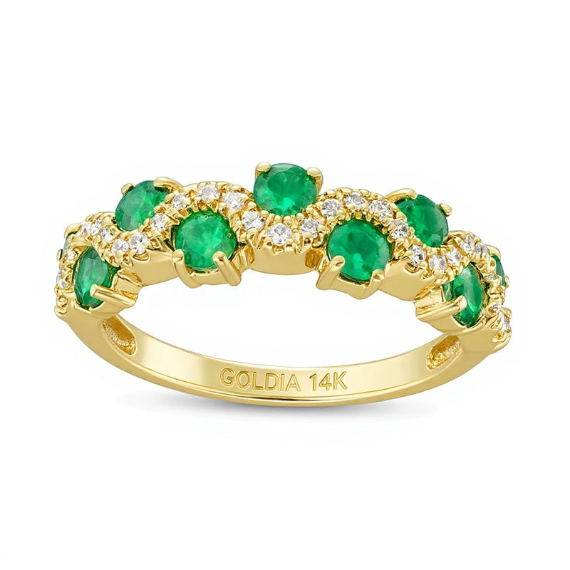 3,0mm Smaragd und 0,17 ct. Gesamtgewicht Diamant Ring mit versetztem Wellenmuster in 14K Gold