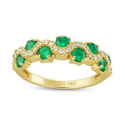3,0mm Smaragd und 0,17 ct. Gesamtgewicht Diamant Ring mit versetztem Wellenmuster in 14K Gold