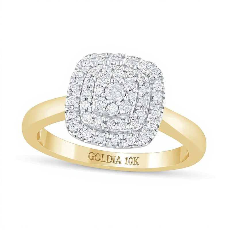 0,33 ct. Gesamtgewicht Komposit-Verlobungsring mit weißen Diamanten im Kissenschliff und runden Diamanten in doppeltem Rahmen aus 10K Gelbgold