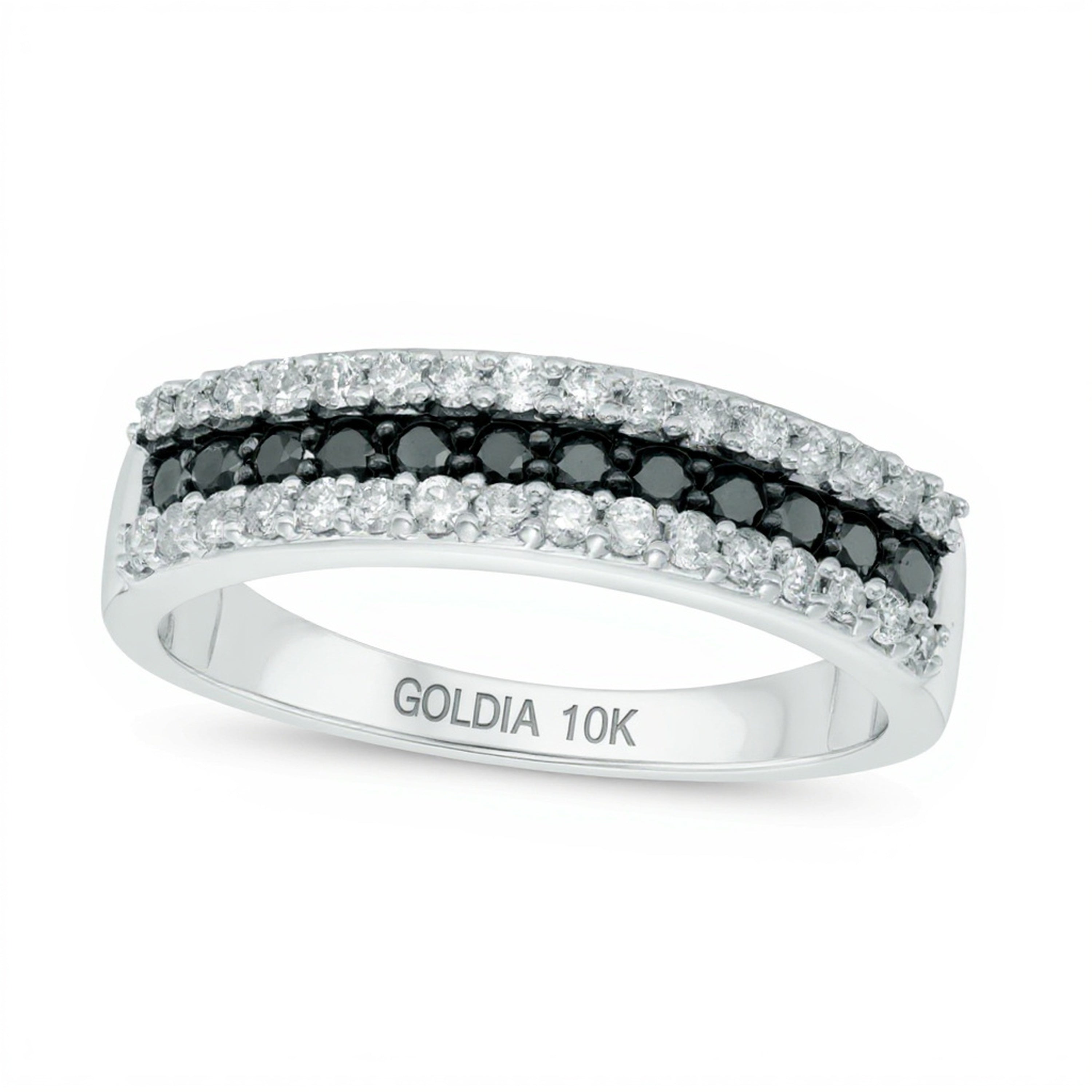 0.5 CT. Gesamtgewicht behandelter schwarzer und weißer Diamant Memoire-Ring dreireihig in 10K Weißgold