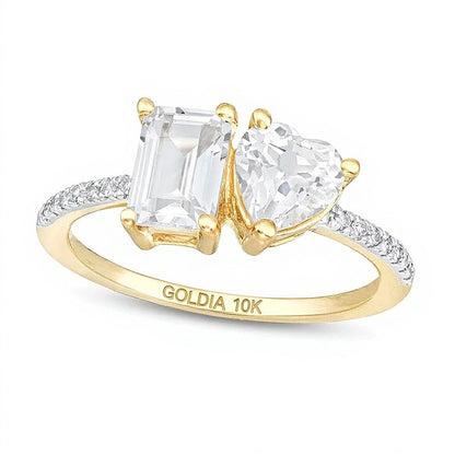 Ring mit weißem Labor-Saphir in Herz- und Smaragdschliff und 0,07 ct. Gesamtgewicht Diamant in 10K Gelbgold