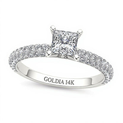 1.0 ct. Gesamtgewicht Diamant-Solitär mit seitlichem Besatz in 14K Weißgold, Princess- und Rundschliff