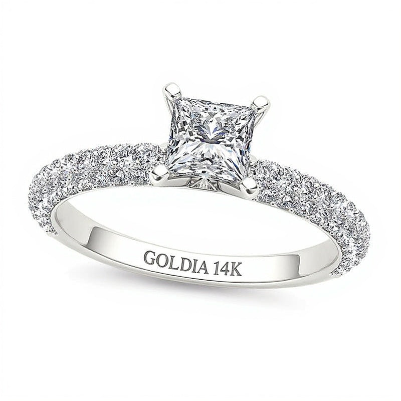 1.0 ct. Gesamtgewicht Diamant-Solitär mit seitlichem Besatz in 14K Weißgold, Princess- und Rundschliff