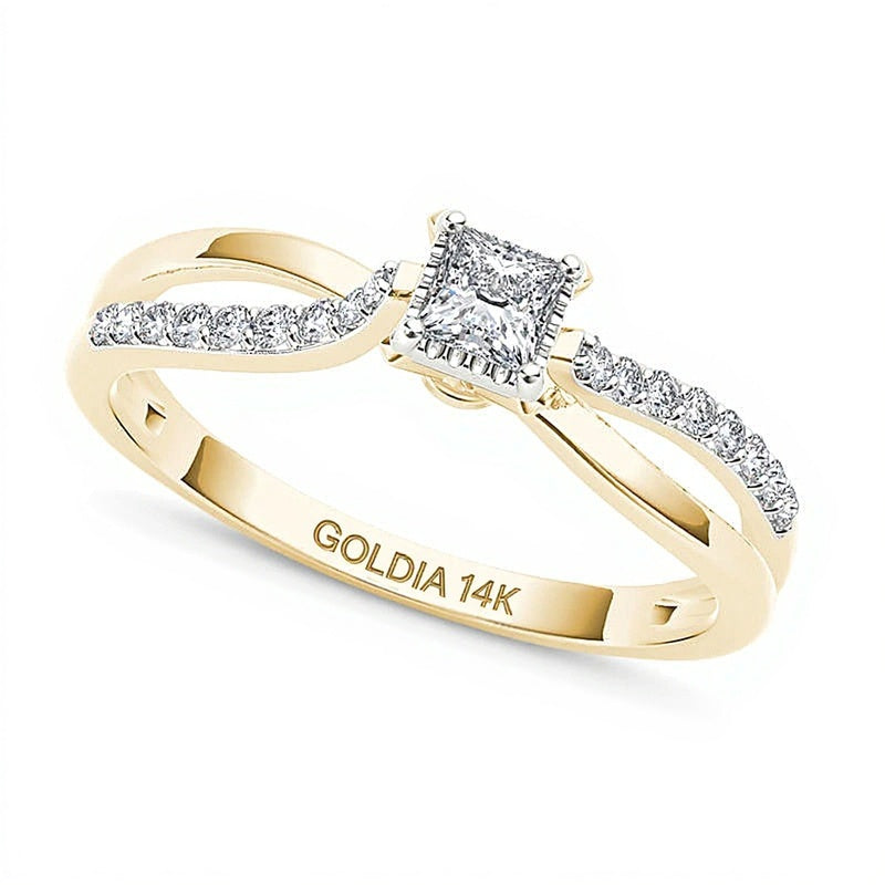 0.25 ct. Gesamtgewicht Solitär mit seitlichem Besatz mit Diamanten im Princess- und Rundschliff in 14K Gelbgold