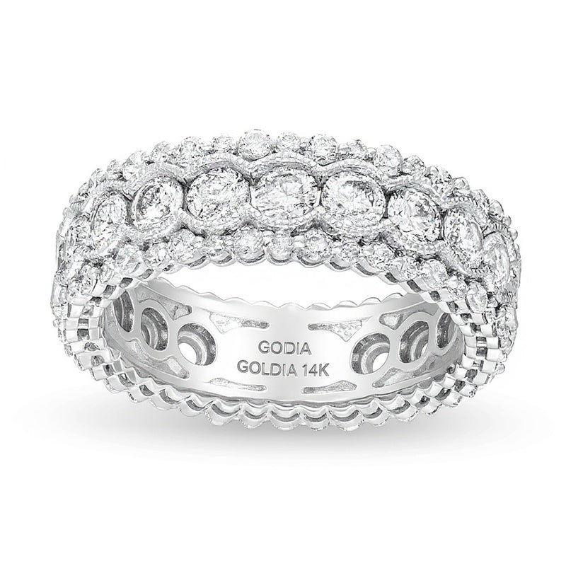 Memoire-Ring mit 3.0 ct. Gesamtgewicht Diamanten im Vintage-Stil mit Muschelrand in 14K Weißgold