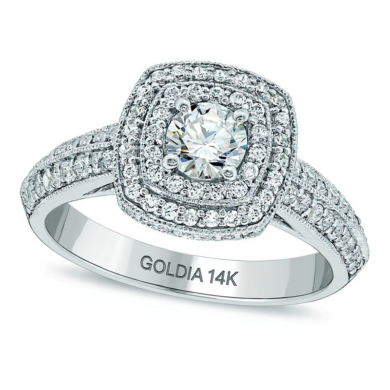 Verlobungsring mit Diamanten 1.0 ct. Gesamtgewicht, Halo, rund & Kissenschliff, in 14K Weißgold