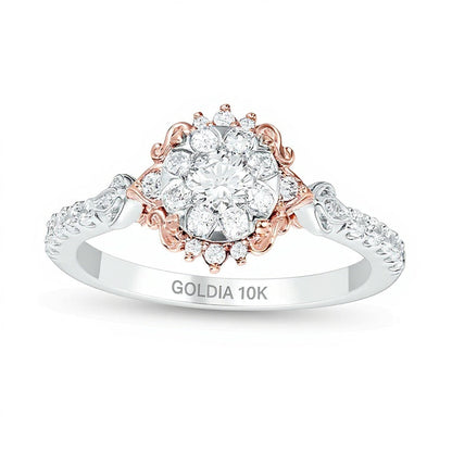 0.5 ct. Gesamtgewicht Diamant Halo Vintage-Verlobungsring mit filigranem Blütenrahmen in 10K Two-Tone Gold