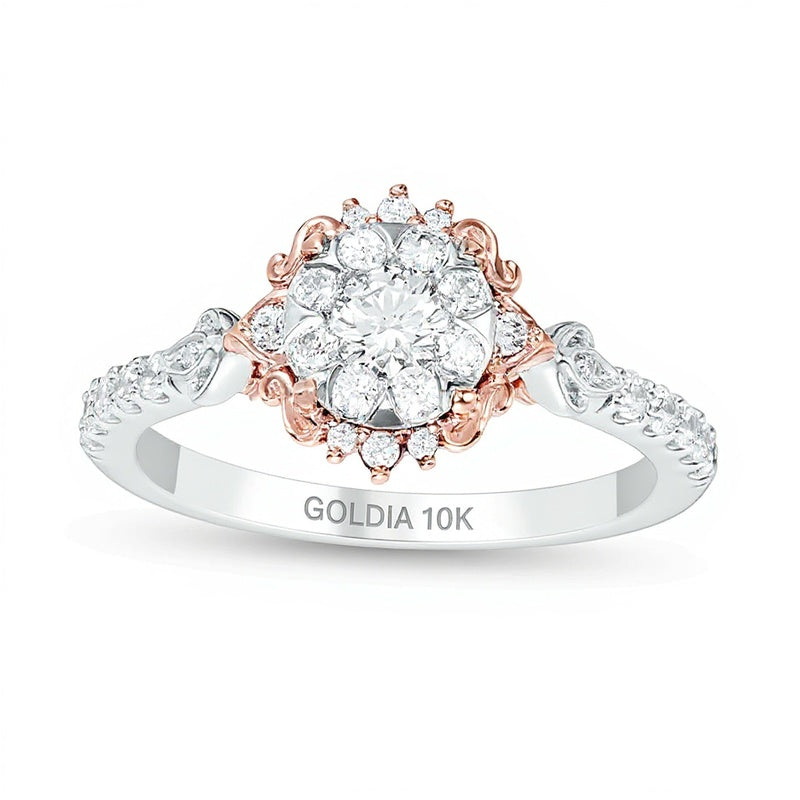 0.5 ct. Gesamtgewicht Diamant Halo Vintage-Verlobungsring mit filigranem Blütenrahmen in 10K Two-Tone Gold