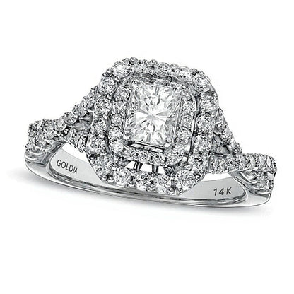 Verlobungsring im Halo-Stil mit Diamanten im Radiant- und Rundschliff, 1.25 ct. Gesamtgewicht, in 14K Weißgold (I/I1)
