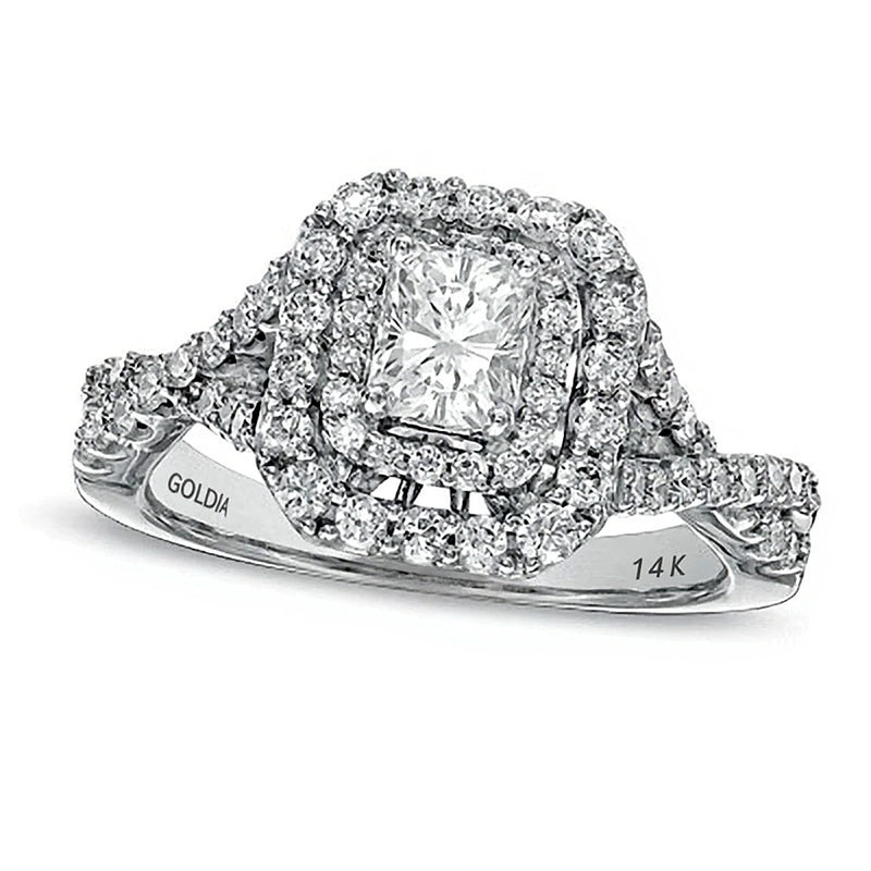 Verlobungsring im Halo-Stil mit Diamanten im Radiant- und Rundschliff, 1.25 ct. Gesamtgewicht, in 14K Weißgold (I/I1)