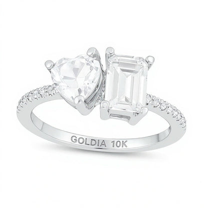 Ring mit weißem Saphir im Herz- und Smaragdschliff, im Labor gezüchtet, und 0,07 ct. Gesamtgewicht Diamant in 10K Weißgold