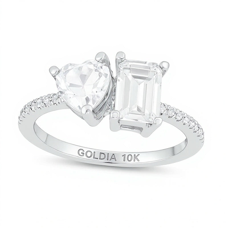 Ring mit weißem Saphir im Herz- und Smaragdschliff, im Labor gezüchtet, und 0,07 ct. Gesamtgewicht Diamant in 10K Weißgold