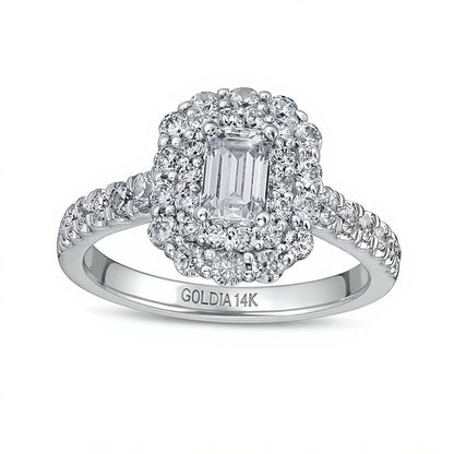 1.5 CT. TW Verlobungsring mit Diamant im Smaragdschliff und Halo in 14K Weißgold (I/SI2)