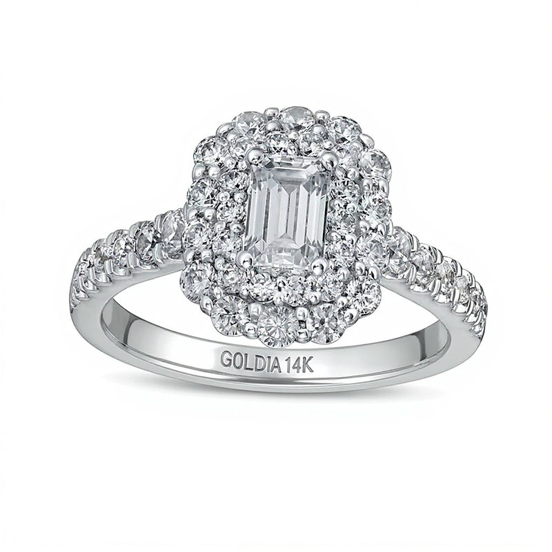1.5 CT. TW Verlobungsring mit Diamant im Smaragdschliff und Halo in 14K Weißgold (I/SI2)