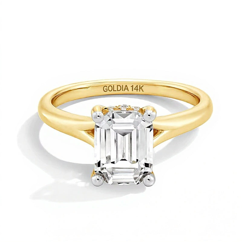 Solitär-Verlobungsring 2.0 ct. Gesamtgewicht mit Labordiamant im Smaragdschliff und geteilter Ringschiene in 14K Gelbgold (F/VS2)
