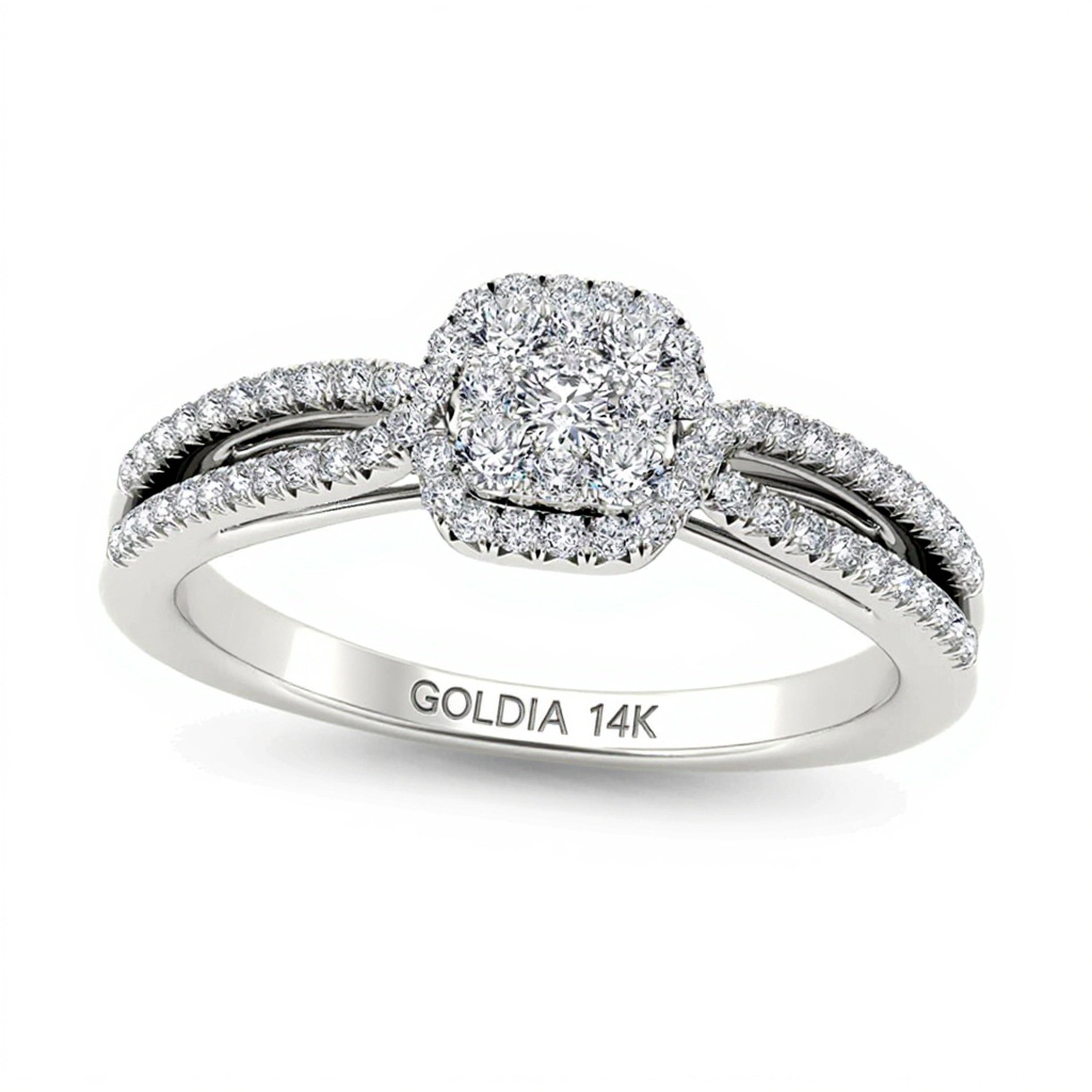 0,38 ct. Gesamtgewicht Verlobungsring mit mehreren Diamanten in Kissenschliff-Rahmen und geteilter Schiene aus 14K Weißgold