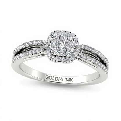 0,38 ct. Gesamtgewicht Verlobungsring mit mehreren Diamanten in Kissenschliff-Rahmen und geteilter Schiene aus 14K Weißgold