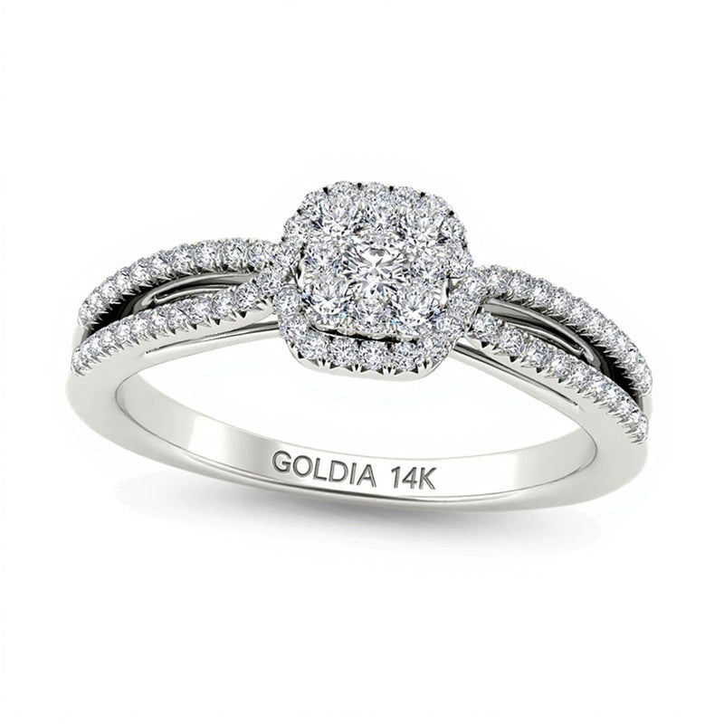 0,38 ct. Gesamtgewicht Verlobungsring mit mehreren Diamanten in Kissenschliff-Rahmen und geteilter Schiene aus 14K Weißgold