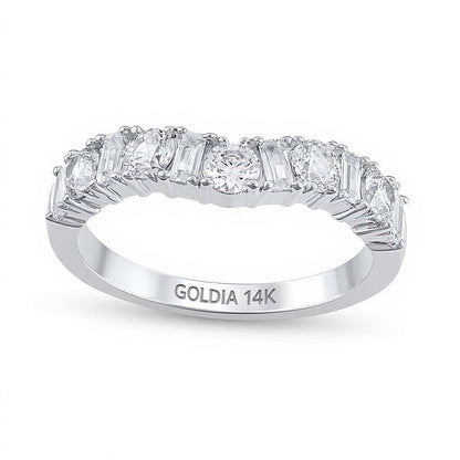 Konturring mit runden Diamanten und Diamanten im Baguette-Schliff im Wechsel, 1.0 ct. Gesamtgewicht, in 14K Weißgold