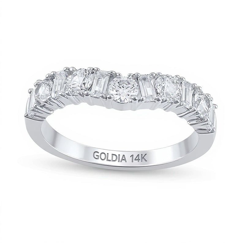 Konturring mit runden Diamanten und Diamanten im Baguette-Schliff im Wechsel, 1.0 ct. Gesamtgewicht, in 14K Weißgold