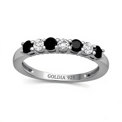 Memoire-Ring mit schwarzen und weißen Diamanten 0.5 ct. Gesamtgewicht im Wechsel in rhodiniertem Sterlingsilber 925